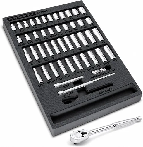 Vista 13 de Powerbuilt Master Juego de llaves de impacto de 63 piezas de 1/2 pulgada, extensiones, llaves de impacto métricas y SAE profundas/estándar, junta