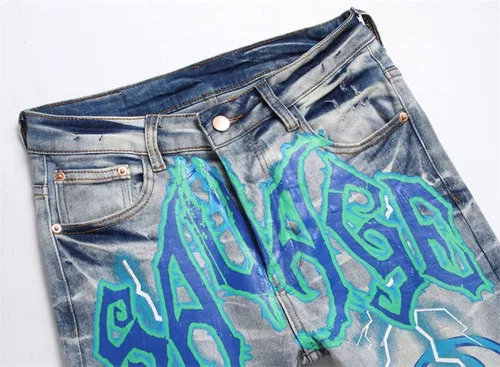 Vista 3 de Jeans de graffiti hip hop para hombre, rasgados, ajustados, desgastados, desgastados, ajustados, elásticos, con estampado casual