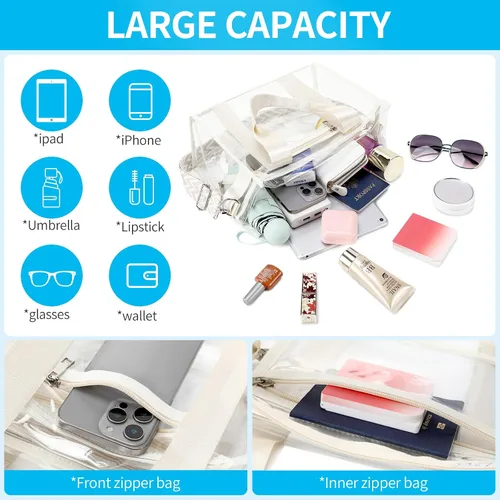 Vista 3 de Bolsa transparente UEOE para eventos en estadios, gran bolso de mano transparente con bolsa con cremallera exterior e interior para eventos