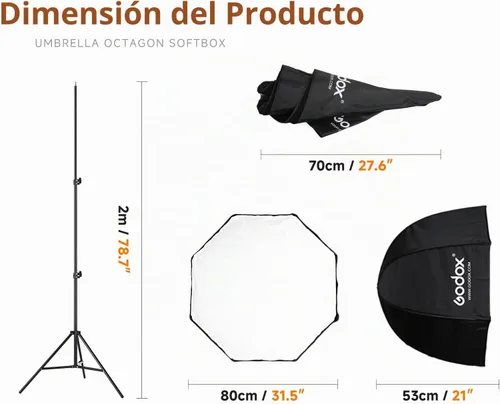 Vista 2 de Godox Photo Studio 80 cm 31.5 pulgadas Sombrilla octogonal portátil Softbox, soporte de trípode de 190 cm con soporte para zapata caliente