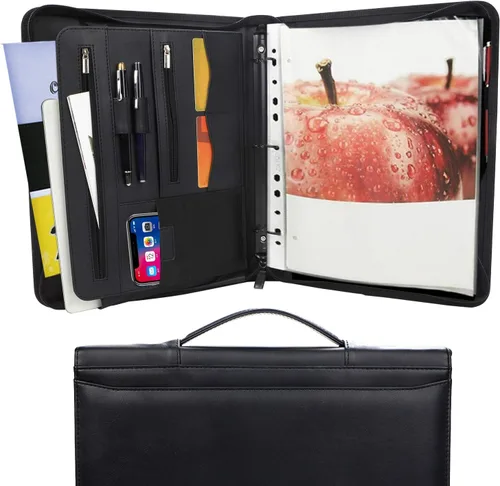 Vista 8 de portafolio con cremallera de 3 anillos, organizador de carpeta con bloc de notas tamaño carta legal - Portafolio de PU de cuero con organizador