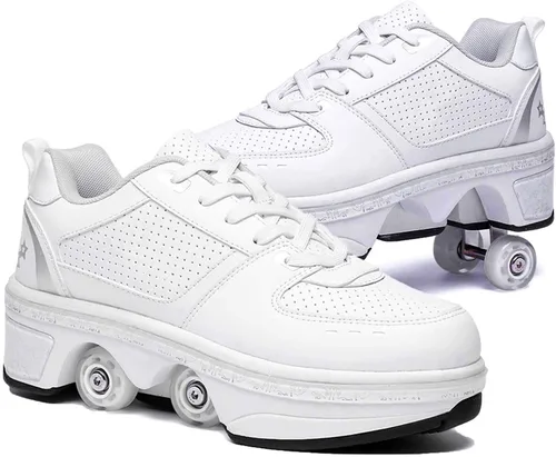 Vista 28 de Zapatos de patinaje convertibles para hombres y mujeres, zapatos de paseo automáticos para niños y adultos, patines con doble fila de ruedas, ruedas