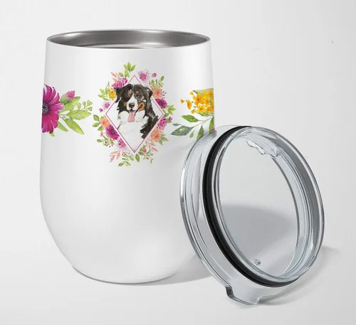 Vista 115 de Caroline's Treasures CK4110TBL12 Afghan Hound Pink Flowers - Vaso de vino aislado de acero inoxidable de 12 onzas con tapa, bonita taza de viaje