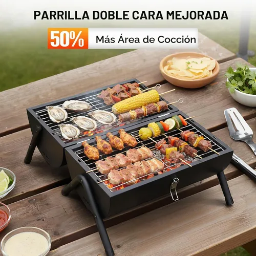 Vista 2 de VINGLI Parrilla de carbón portátil de doble cara, mango de madera, bolsa de almacenamiento, multifuncional de metal compacto de mesa para barbacoa