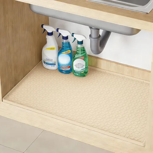 Vista 9 de TRZZ Tapete de silicona impermeable para debajo del fregadero de 34 x 22 pulgadas, bandeja de goteo y forro de gabinete para cocina y baño, evita