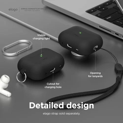 Vista 4 de elago Funda compatible con AirPods Pro 2 (2022), funda de silicona con llavero, LED frontal visible, soporta carga inalámbrica [negro]