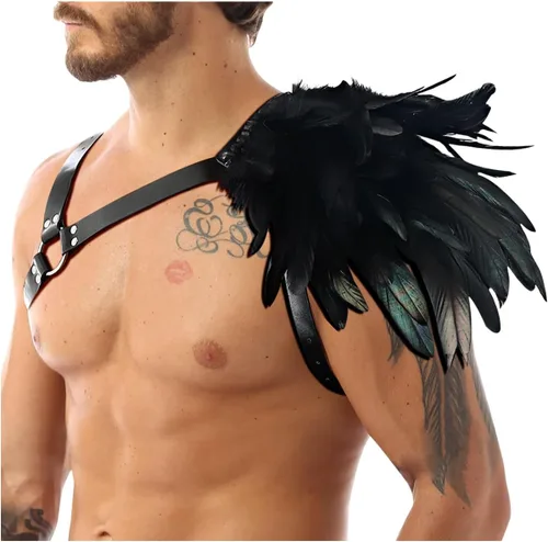 Vista 2 de L'VOW Arnés de plumas góticas para hombre, ajustable, de piel sintética, armadura de hombro, guardias medievales para Halloween y cosplay