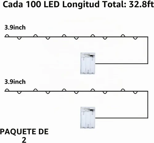 Vista 6 de Luces de cuerda de Navidad rojas, verdes y blancas de alambre de cobre, paquete de 2, total de 200 luces LED de hadas, luces parpadeantes