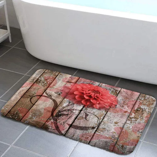 Vista 14 de JAWO Alfombra de baño con flores de granja, dalia en tablones de madera rústica, juego de tapetes de baño con flores azules, en forma de U