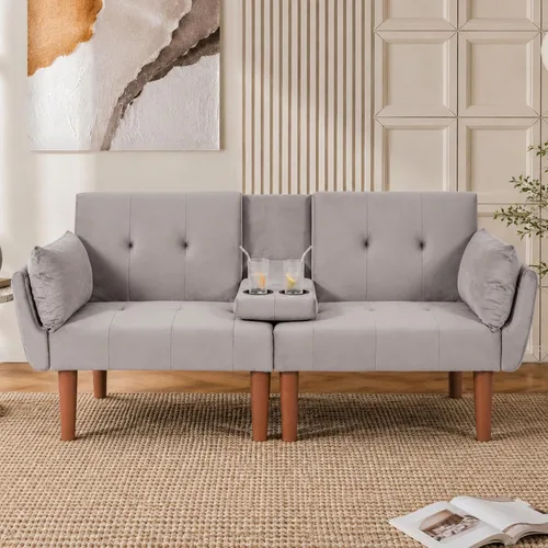 Vista 13 de Sofá Cama Futón de Terciopelo Moderno 2 en 1, Sofá Cama Plegable Convertible con 2 Almohadas, Loveseat Reclinable Acolchado de 63" con Patas de Beige
