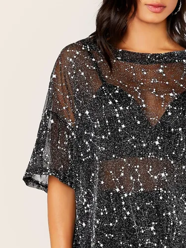 Vista 3 de WDIRARA Blusa de malla para mujer con purpurina transparente y de manga corta