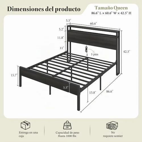 Vista 2 de AMERLIFE Base de cama tamaño Queen con cabecera de almacenamiento y estación de carga, cama de plataforma de metal industrial con gran Negro