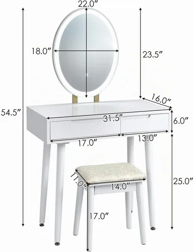 Vista 7 de CHARMAID Juego de tocador con espejo iluminado, espejo de brillo ajustable de 3 modos, tocador de maquillaje con taburete acolchado, 2 cajones