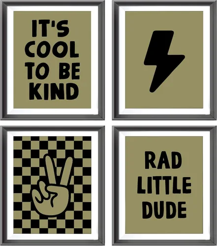 Vista 11 de Cartel de mano retro a cuadros negros y blancos preppy relámpago de la paz para decoración de habitación de niños, decoración divertida de Rad