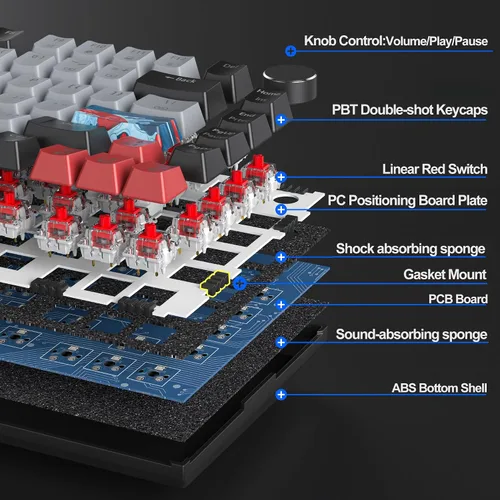Vista 2 de Fogruaden Teclado mecánico con cable al 75%, montaje de junta intercambiable en caliente con interruptor rojo, retroiluminación RGB de 82 teclas