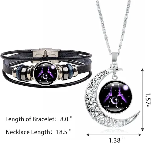 Vista 6 de YANCHUN - Collar y pulsera de cuero modernos con 12 constelaciones del zodiaco, astrología, galaxia y luna creciente para hombre y mujer, juego de 2