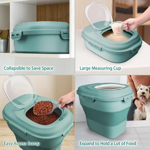 Vista 2 de Komzon Contenedor de cereales para arroz, dispensador de arroz plegable de 13 a 50 libras con tapa transparente, ruedas rodantes, taza medidora