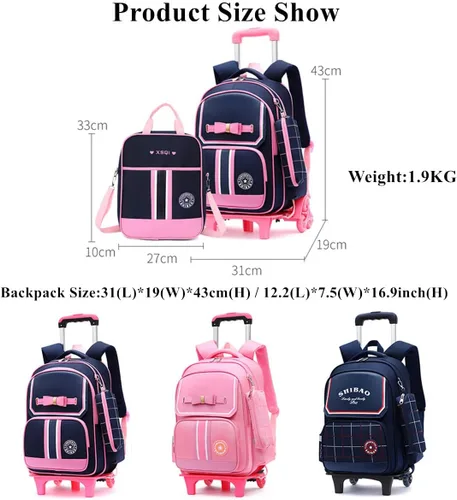 Vista 3 de Mfikaryi Pretty Princess - Mochila con ruedas para niñas, escuela primaria primaria con ruedas, Deep Blue-6 Ruedas, Classic