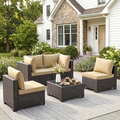 Vista 32 de ANJ Juego de muebles de mimbre para patio de 3 piezas, sofá modular de dos plazas con mesa de centro de cristal, juego de sofá de conversación