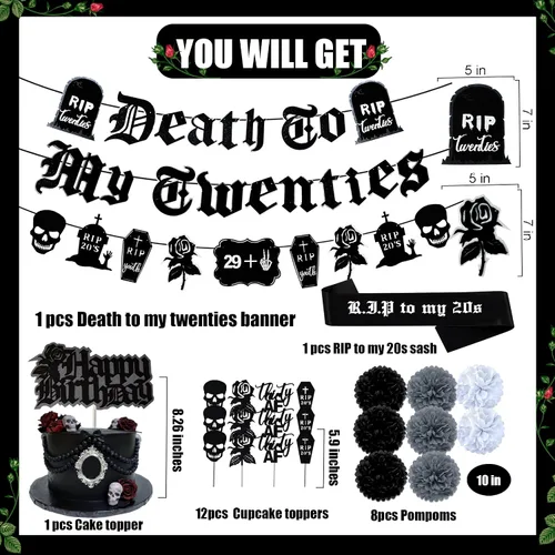 Vista 2 de Paquete de decoraciones para el 30 cumpleaños, suministros para la fiesta "Death to My 20s" que incluyen pancarta de cumpleaños, fajín "Rip to My