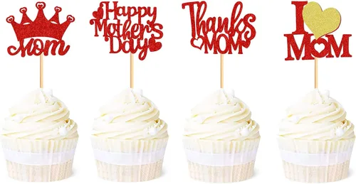 Vista 14 de Ercaido - Paquete de 48 adornos para cupcakes para el Día de la Madre con purpurina de oro rosa con purpurina para el Día de la Madre para la mejor