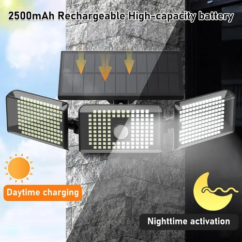 Vista 2 de Luces solares con sensor de movimiento, 3600 lúmenes, 260 luces LED solares con 2 opciones de instalación, 3 modos de iluminación, luz de seguridad
