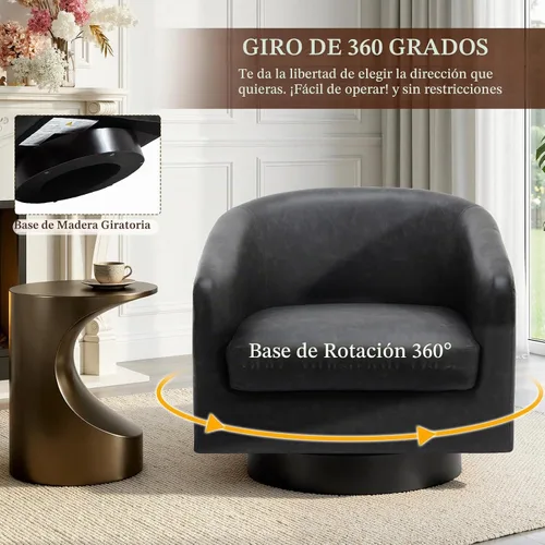 Vista 4 de Silla Giratoria de Acento de Cuero Sintético con Base de Madera, Sillas de Barril Tapizadas Modernas para Sala de Estar, Cómodo Sillón Redondo Sofá