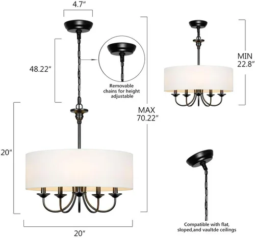Vista 6 de Candelabro tradicional de 5 luces con pantalla de tambor de lino blanco, lámpara de techo moderna para comedor y sala de estar, dormitorio