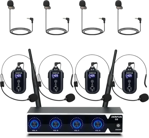 Vista 13 de Sistema de Micrófono Inalámbrico Recargable de 4 Canales Pro, Micrófono de Mano de Metal UHF Auricular Lavalier de Solapa Inalámbrico para Iglesia