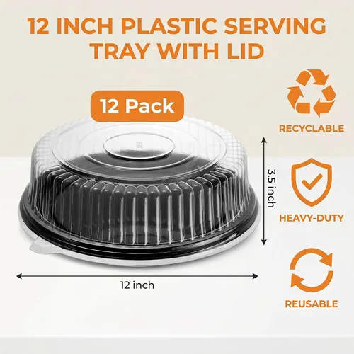 Vista 2 de Frcctre Paquete de 12 bandejas de plástico de 12 pulgadas con tapa, platos desechables de plástico para servir alimentos con tapas de cúpula