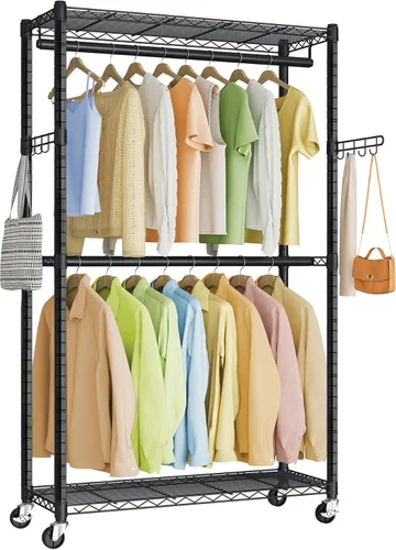 Vista 11 de SONGMICS ULGR418BH01 - Perchero de ropa con ruedas rodantes, con estantes de malla ajustables y rieles para colgar, ganchos, 15.8 x 35.4 x 78.3