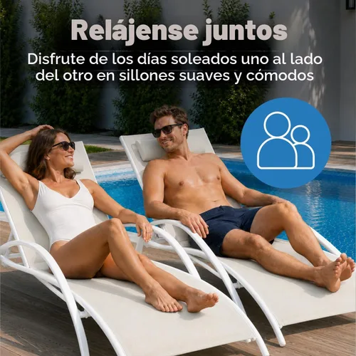 Vista 3 de ComfySure Juego de 2 sillas de aluminio reclinables de textileno de 4 posiciones con almohada y reposabrazos, apilables, resistentes a los rayos UV