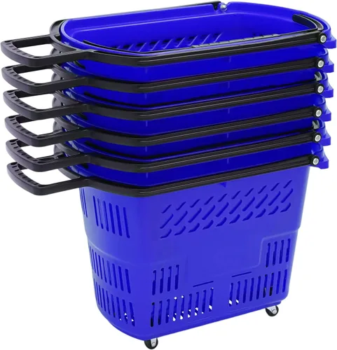Vista 6 de Carritos de compras de plástico, 6 cestas de compras con ruedas, carrito de compras de 35 l con asas, cesta de compras portátil en supermercados