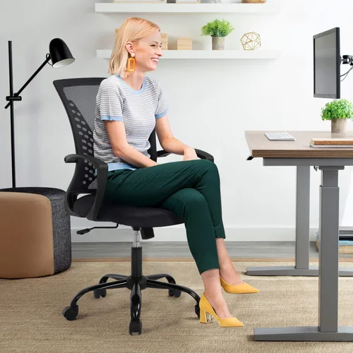 Vista 2 de Silla de oficina ergonómica con soporte lumbar, silla de computadora de malla ajustable para oficina en casa, silla giratoria de respaldo medio