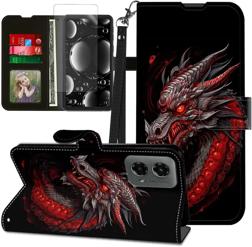Vista 424 de Funda para Motorola Edge 2022 con protector de pantalla, soporte y tarjetero y correa para la muñeca, funda magnética para Moto Edge 2022 5G UW Lobo