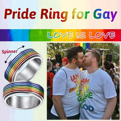 Vista 3 de FaithHeart Anillos para ansiedad LGBT Pride Rainbow, acero inoxidablechapado en oro de 18 quilates, joyería de amor es amor para hombres y mujeres