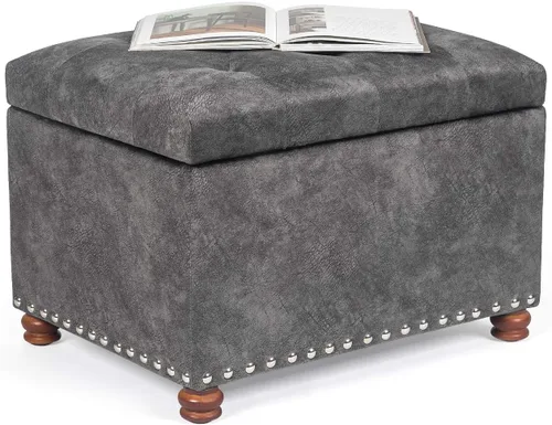 Vista 18 de Adeco Otomana Almacenadora Colorida con Almacenamiento, Otomana de 53 cm de Lino con Reposapiés y Tapa con Bisagra con Patrón de Hojas Azules