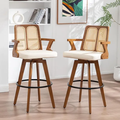 Vista 31 de Juego de 2 Taburetes de Mostrador - Taburetes Giratorios de 27 Pulgadas con Respaldo de Ratán, Brazos Curvos, Asiento Tapizado, Patas de Bambú Nogal