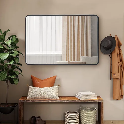 Vista 8 de ZenStyle Espejo de pared rectangular con marco de metal negro de 24 x 36 pulgadas, espejo de baño con borde de pico para entradas, salas de estar