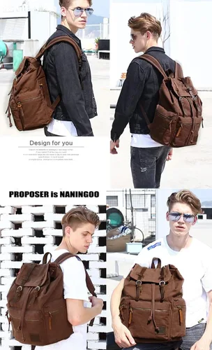 Vista 6 de Mochila de lona unisex vintage casual de 17 pulgadas para laptop, mochila escolar, mochila universitaria, senderismo, camping, bolsa de viaje