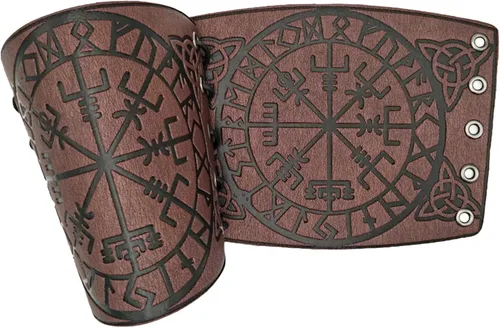 Vista 4 de HiiFeuer Viking Vegvisir Armadura de cuero en relieve 3 colores LARP Guantelete Armadura de cuero Brazo Bracer
