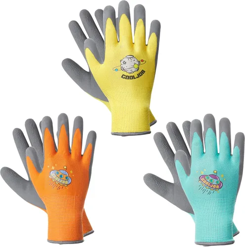Vista 9 de COOLJOB 3 pares de guantes de jardinería para niños pequeños de 3 a 5 años, guantes de trabajo de goma con agarre para niños y niñas, rojo, verde