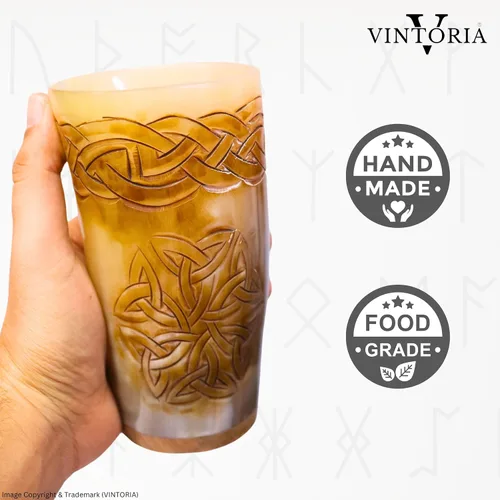 Vista 2 de Viking Nordic - Juego de tazas de cuerno para beber, jarra de cuerno de buey genuino con diseño de nudo celta, perfecto para aguamiel, cerveza