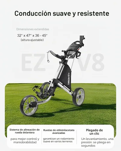 Vista 7 de Caddytek CaddyLite EZ V8 Carrito de Golf Empujable - Carrito Ligero de 3 Ruedas Plegable con Plegado de 2 Pasos con un Solo Clic, Ruedas de EVA