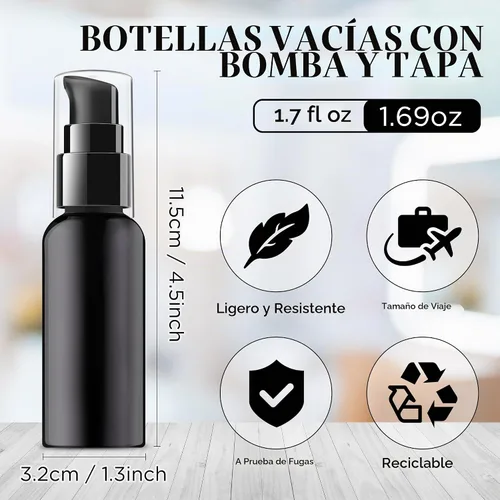 Vista 2 de Juego de botellas con bomba de viaje, paquete de 10 dispensadores de bomba de plástico transparente vacíos de 2 onzas (2.0 fl oz) con tapa negra