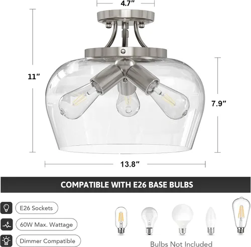 Vista 5 de VONLUCE Lámpara de techo semiempotrada, lámpara de techo de 13.8 pulgadas con pantalla de vidrio transparente, base E26, accesorio de iluminación