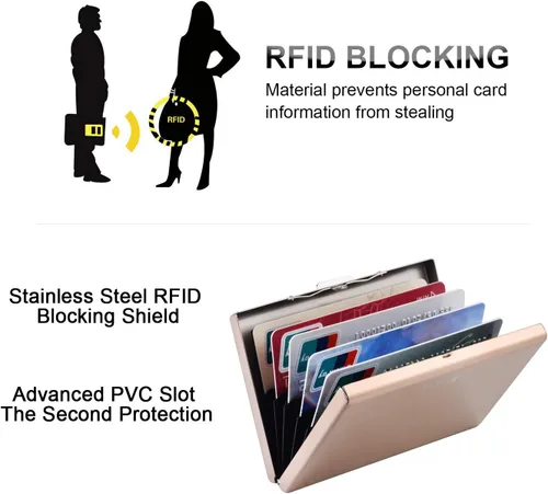 Vista 79 de BONSYL® Soporte para tarjetas de crédito, cartera delgada de metal con bloqueo RFID, con 6 ranuras para tarjetas, para mujeres y hombres.