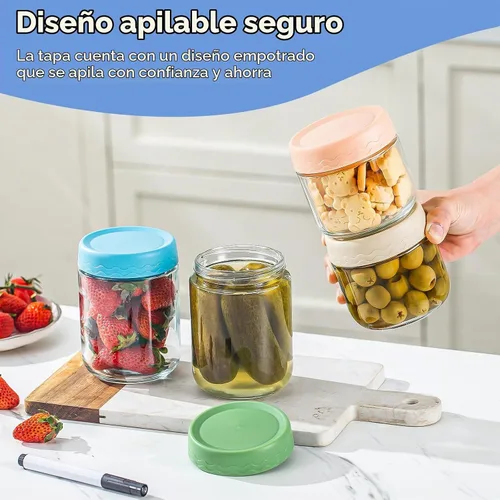 Vista 4 de DRKIO Recipientes de avena de 10 y 16 onzas con tapas, paquete de 6 tarros de vidrio con tapas herméticas, tarros de comida masón de boca ancha 10
