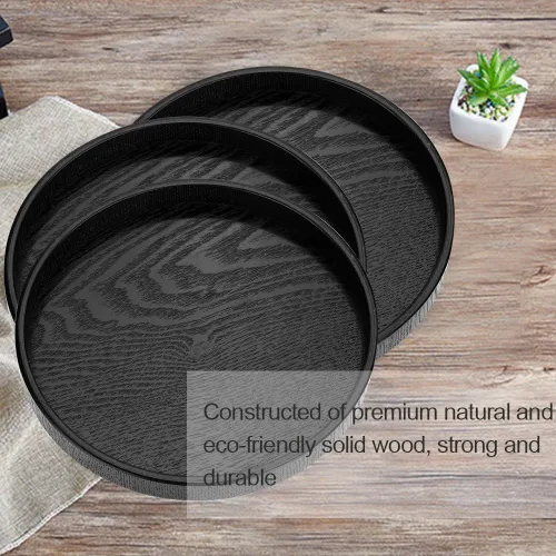 Vista 3 de Bandeja de té de madera negra, forma redonda, té de madera maciza, café, aperitivos, comidas, bandeja para servir platos platos bandejas