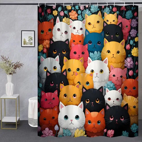 Vista 2 de Divertida cortina de ducha con diseño de gato y dibujos animados, diseño floral, encantador, animal, amante de las mascotas, decoración de baño